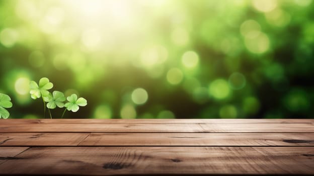 Empty wooden table and Saint Patrick's Day blurred background AI