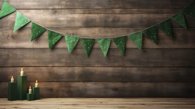 Sant Patrick day concept with festival flags garland on wooden background, copy space AI