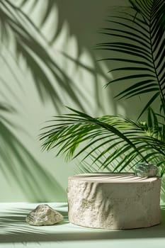 Podium for cosmetic products and palm leaves. Selective focus. Spa.