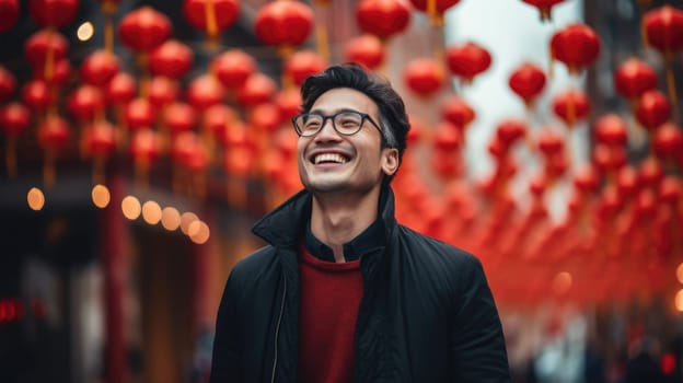 Asian man celebrating new year eve on a blurred holiday background with chinese red lantern AI