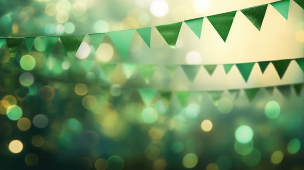 Green flags garland on a blurred background. Festive garland with lights. Outdoor Saint Patrick's Day party AI