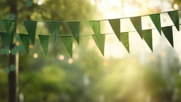 Green flags garland on a blurred background. Festive garland with lights. Outdoor Saint Patrick's Day party AI