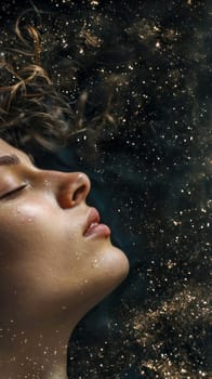 dreamlike scene of a woman's profile with her eyes gently closed, merged with a cosmic backdrop filled with stars, suggesting a peaceful slumber under a starry sky. vertical