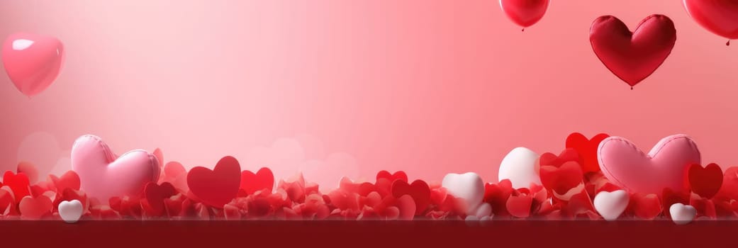 St. Valentines day, wedding banner with abstract illustrated red, pink flying hearts on pink background. Use for cute love sale banners, vouchers or greeting cards. Concept love, copy space