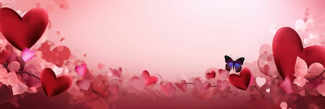 St. Valentines day, wedding banner with abstract illustrated red, pink flying hearts on pink background. Use for cute love sale banners, vouchers or greeting cards. Concept love, copy space