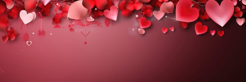 St. Valentines day, wedding banner with abstract illustrated red, pink flying hearts, flowers on pink background. Use for cute love sale banners, vouchers or greeting cards. Concept love, copy space