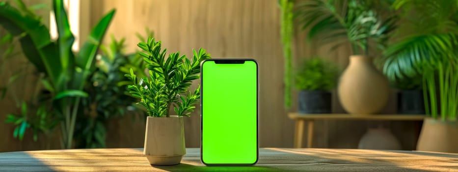 smartphone with a green screen placed on a wooden table amidst an indoor plant setting, suggesting a theme of technology harmoniously integrated with nature, banner