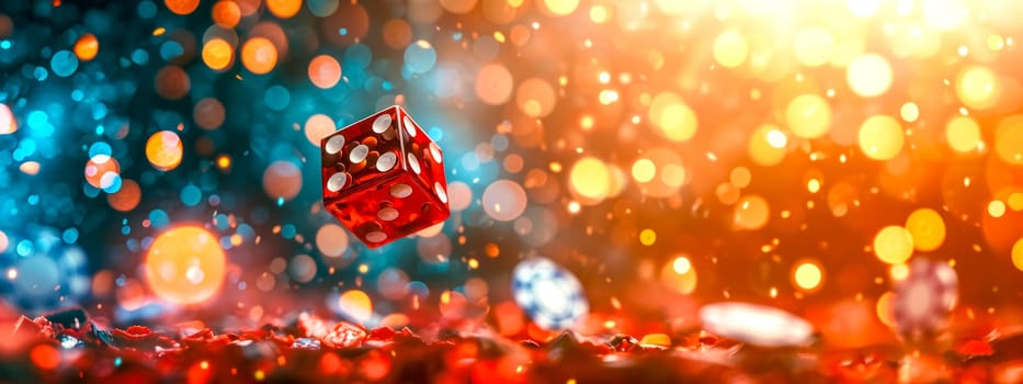 translucent red die suspended in the air with a vibrant bokeh effect in the background, capturing the themes of chance, luck, and gaming in a visually striking and dynamic composition, copy space