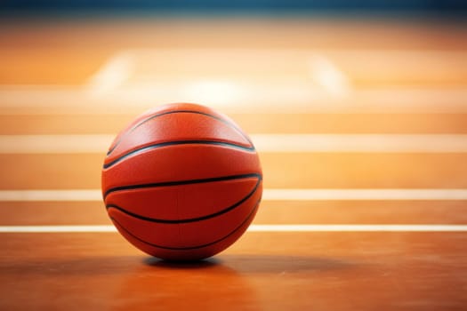 A vibrant orange basketball placed center court on polished wooden flooring, evoking energy and anticipation for a basketball match.