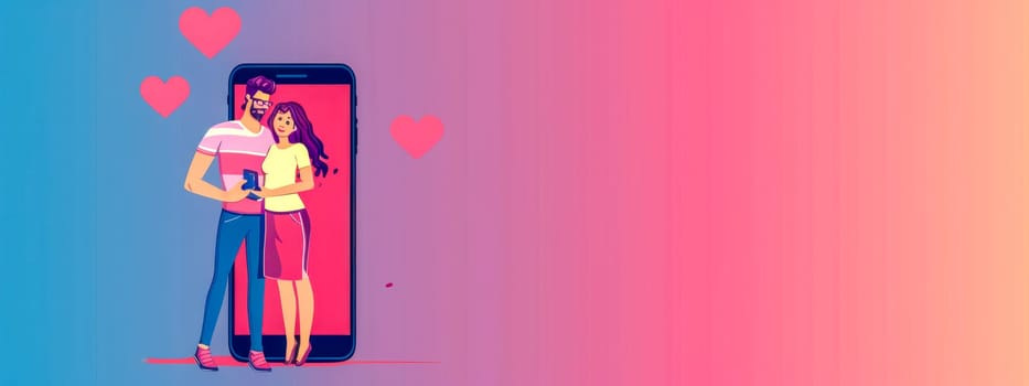 couple embraced within a giant smartphone against a gradient blue to pink background with floating hearts, representing an online dating concept, banner with copy space