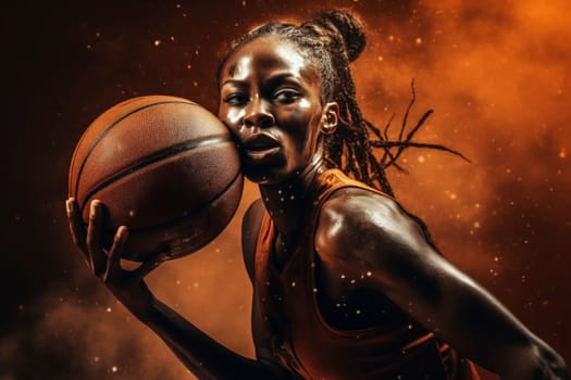 A determined female basketball player with dreadlocks holds the ball close, showcasing her intense focus and athletic prowess on the court.