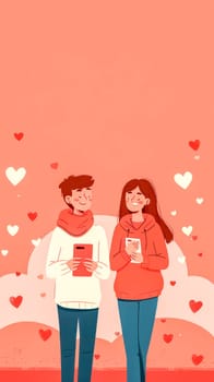 young couple in winter attire, both looking at their smartphones with hearts floating around them on a pink background. vertical