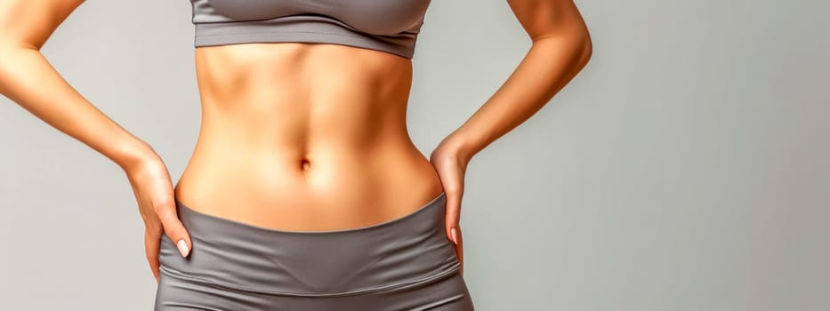 fit female body dressed in a grey crop top, highlighting a slim waist, toned abdomen, and healthy skin, set against a neutral background, suitable for health and fitness themes, copy space