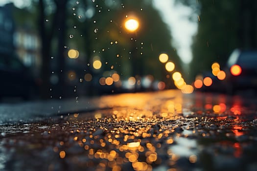 Photo of wet asphalt against the background of street bokeh from ground level.