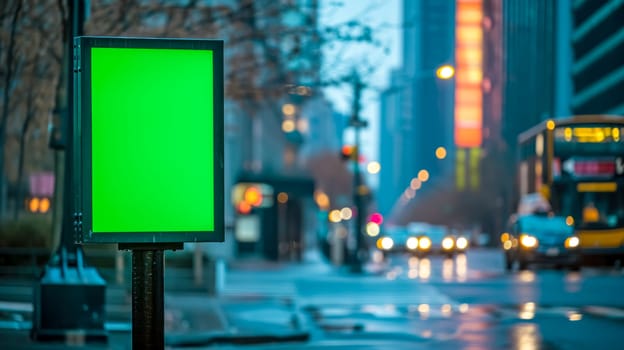 urban setting with a green screen on a billboard in the foreground, and a backdrop of a city street at dusk with blurred traffic lights and moving vehicles, depicting a typical bustling cityscape.