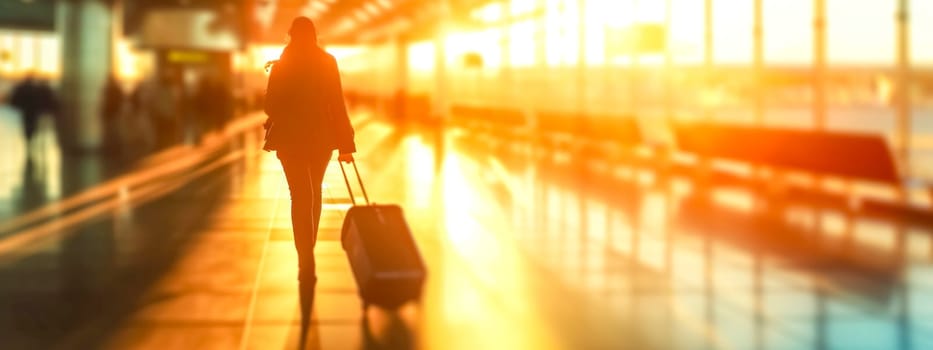 silhouette of a traveler with luggage in an airport terminal, captured in a warm, glowing light, with the surrounding environment out of focus, ambiance of travel and the hustle of transit spaces