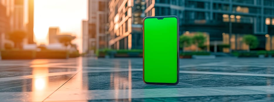 smartphone with a green screen standing upright on a city sidewalk, with the soft glow of sunrise or sunset in the background, reflecting off the sleek surface of an urban landscape.