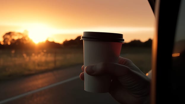 hand with a white paper coffee cup stretched out of the window of a car driving in nature, on sunset.