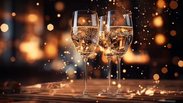 Three glasses of champagne with particles of gold, stand on the table in the evening, golden bokeh lights.