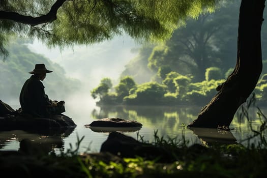 Tropical forest landscape with a pond and a silhouette of a man on a stone.