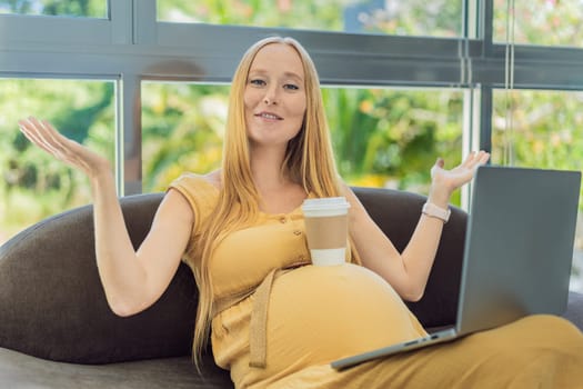 Tired pregnant woman at work drinks coffee. caution advised due to potential harm of caffeine during pregnancy.