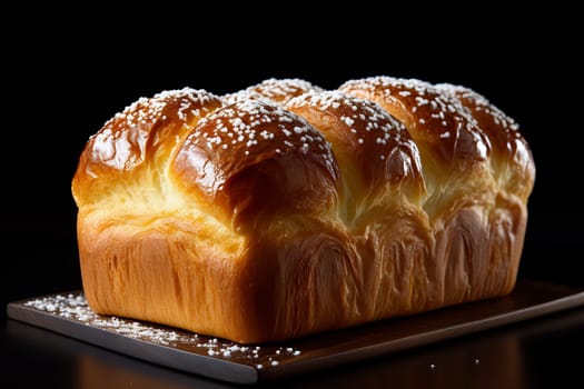 Glossy brioche bread on a cutting board against black background - generative AI