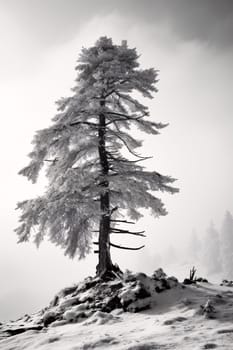 A lone frosted pine tree stands out in a snowy monochrome landscape - Generative AI