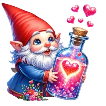 Valentines gnome, love Nordic gnome, Scandinavian gnomes, Watercolor cute valentines day postcard. Vellichor.