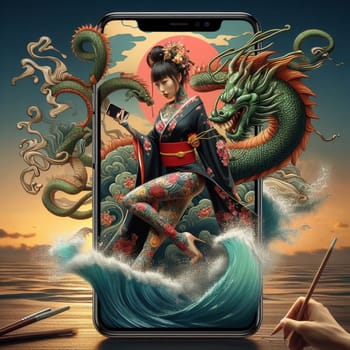 traditional asian woman wear kimono silky dress dance with dragon in chinese new year, background shanghai city skyline come out of phone screen on a desk