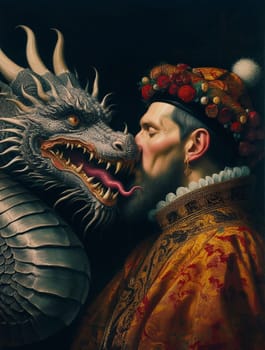 powerful dragon chinese creature tame powerful man in baroque painting styleai generated