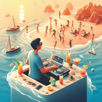 young deejay, wear glasses earphone hosting dj set at crowded beach party tropical island isometric ai generative ai art