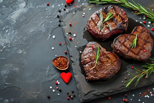 grilled beef steak for valentines day pragma in black background