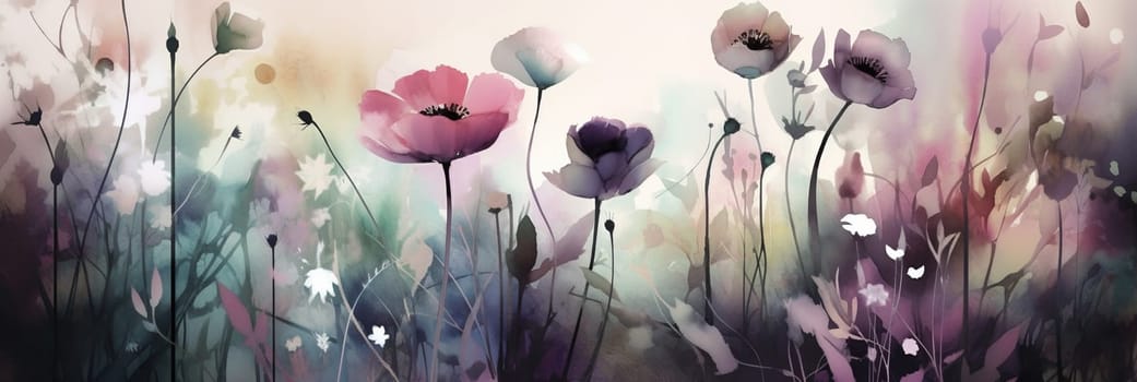 Floral Watercolor Background. Springtime Poppy Flowers Artistic Beautiful Banner. Tender Florals Watercolor Wallpaper Texture. Ai Generated