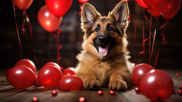 Lovely German shepherd dog with Valentine's day red balloons looking at the camera.