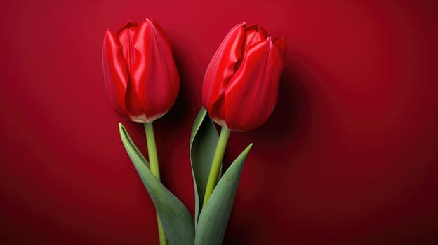 Wonderful spring tulips on red background. Top view image. Copy space.