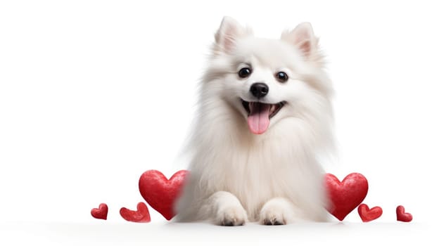 Happy cute small dog with red hearts on white background celebrating Valentine day. Valentine's day, birthday, mother's, women's day, holidays concept