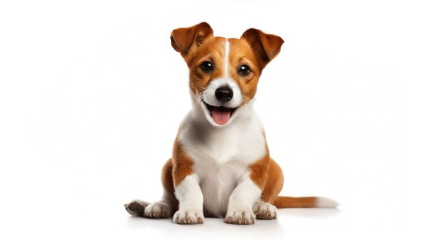 Happy cute small dog with red hearts on white background celebrating Valentine day. Valentine's day, birthday, mother's, women's day, holidays concept