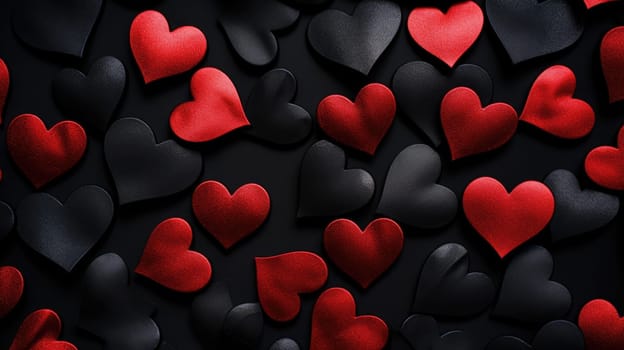 Red and black heart shaped rocks on black background. Pile of white heart pebble, stone. Valentine's day. Heart shape of pebble on small peddles