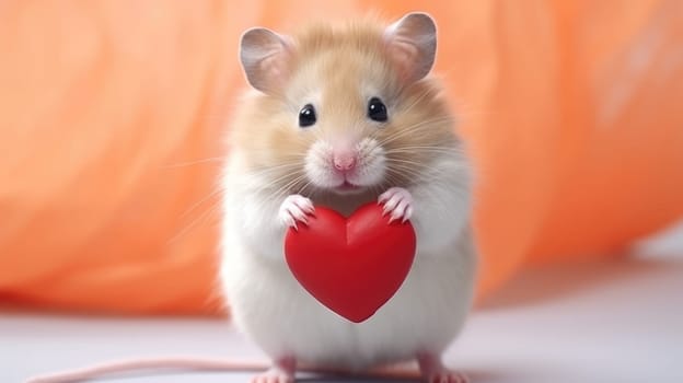 Cute mouse with red heart on white background. Love from hamster. Valentine's Day