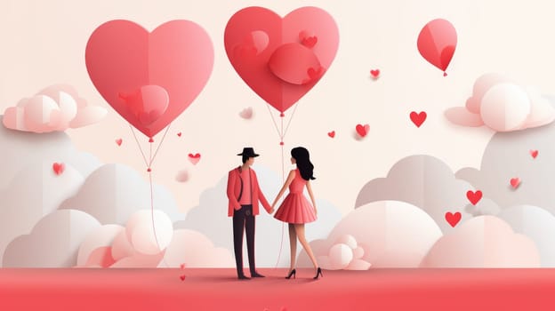 Beautiful young couple hugging, kissing celebrating St Valentine's Day with air balloons in shape of heart on white background