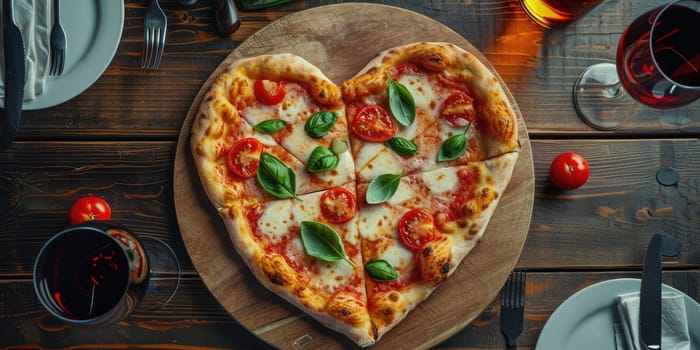 Heart shaped pizza for Valentines day on dark rustic wooden background pragma