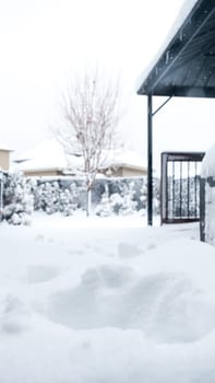 View of the trees, bushes, gazibo on backyard in heavy snowfall with blizzard and wind gusts against the background