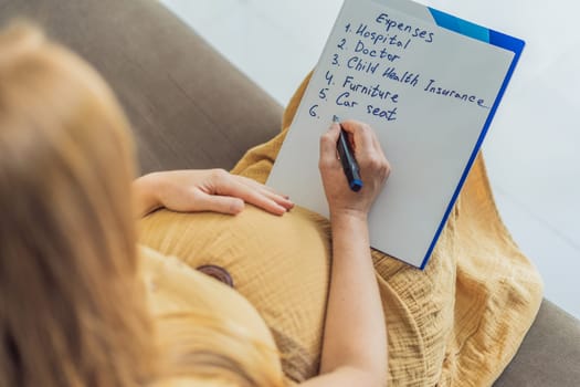 Expectant woman diligently compiles a list of childbirth costs, planning and organizing financial considerations for the upcoming delivery.