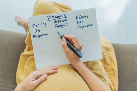 Expectant woman diligently compiles a list of doctor-prescribed vitamins for a healthy pregnancy, ensuring optimal care and well-being.