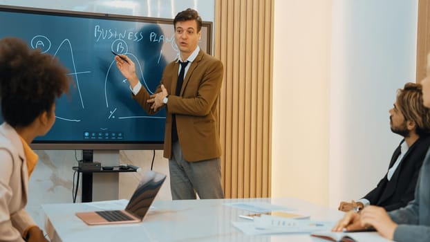 Presentation in ornamented meeting room with business professionals attending to project development drafting plan. Conference meeting with CEO present plan for investor and colleague with new project