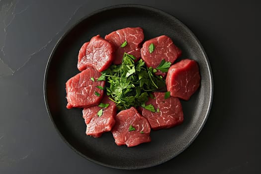 Beef, cut into many identical pieces for cooking, lies on a black plate on a black surface. AI generated.