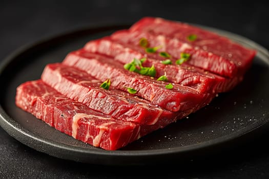 Beef, cut into many identical pieces for cooking, lies on a black plate on a black surface. AI generated.