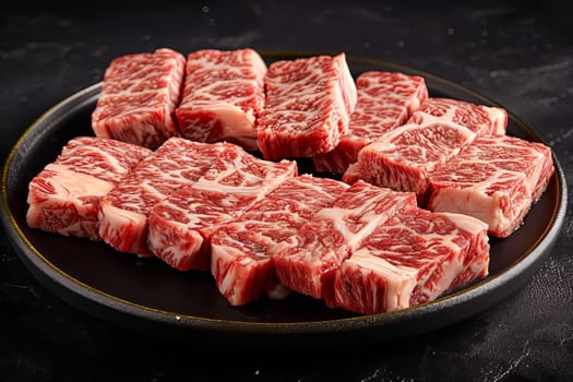 Beef, cut into many identical pieces for cooking, lies on a black plate on a black surface. AI generated.