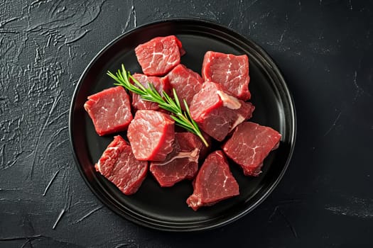 Beef, cut into many identical pieces for cooking, lies on a black plate on a black surface. AI generated.