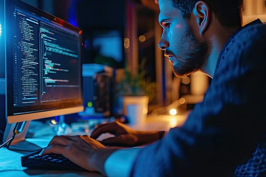 A guy programmer sitting in front of his computer in a dark room coding a new development working until late.